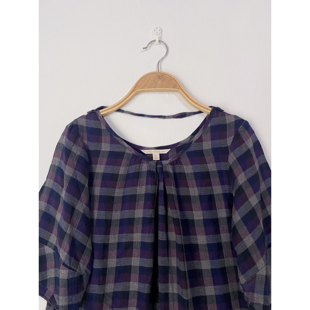 Áo tay ngắn dáng dài kẻ caro xanh tím vintage secondhand