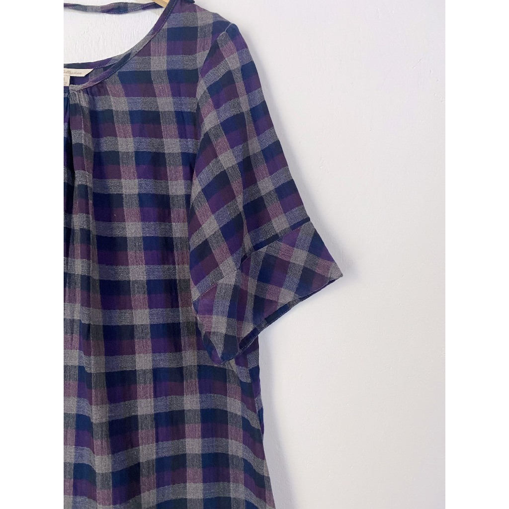 Áo tay ngắn dáng dài kẻ caro xanh tím vintage secondhand