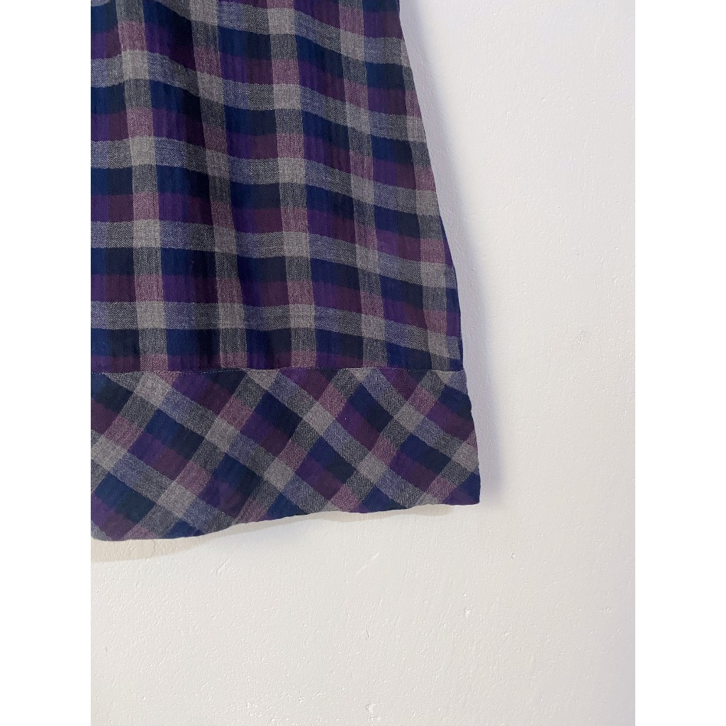 Áo tay ngắn dáng dài kẻ caro xanh tím vintage secondhand