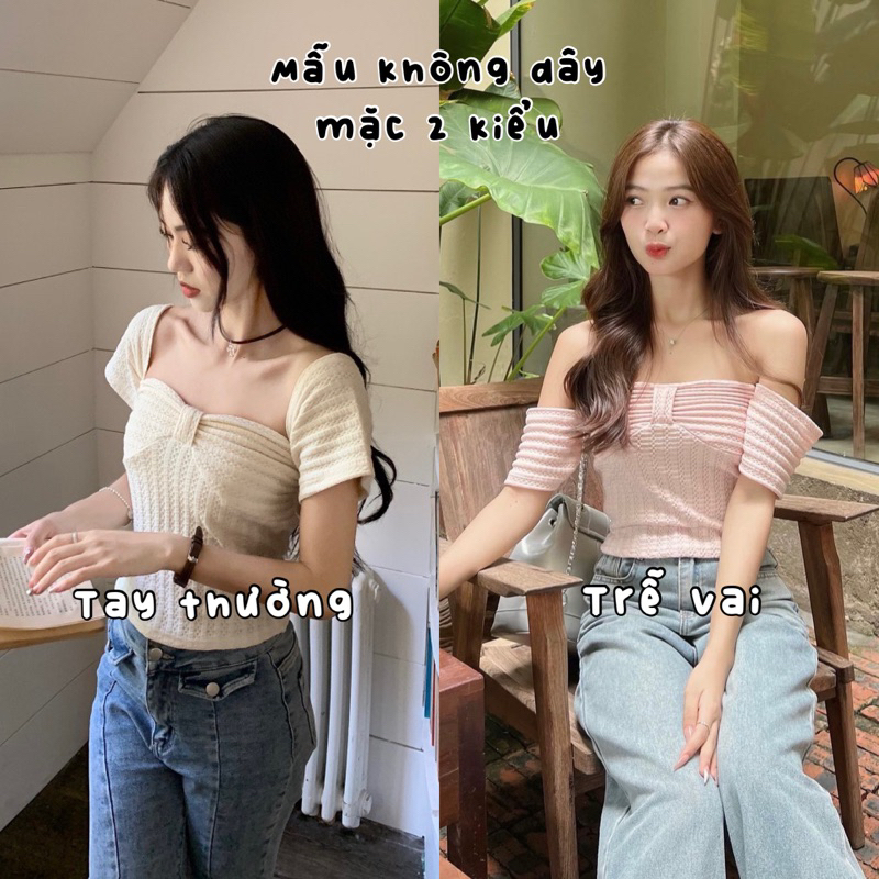 Set áo gân xốp nơ ngực cổ vuông kèm chân váy nhung lì dáng dài
