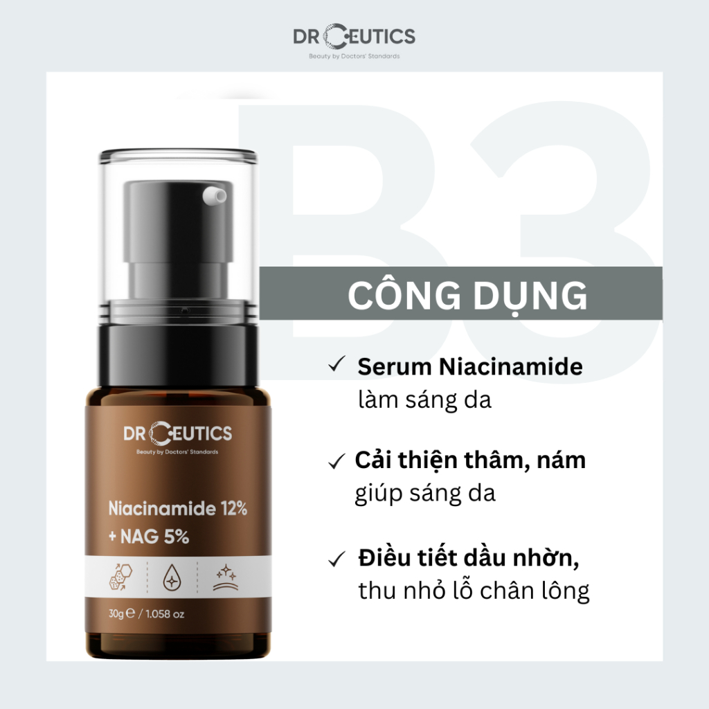 Serum Giảm Thâm DrCeutics Niacinamide 12% + NAG 5%  Giảm Thâm Sáng Da Kiềm Dầu 30ml - 100ml