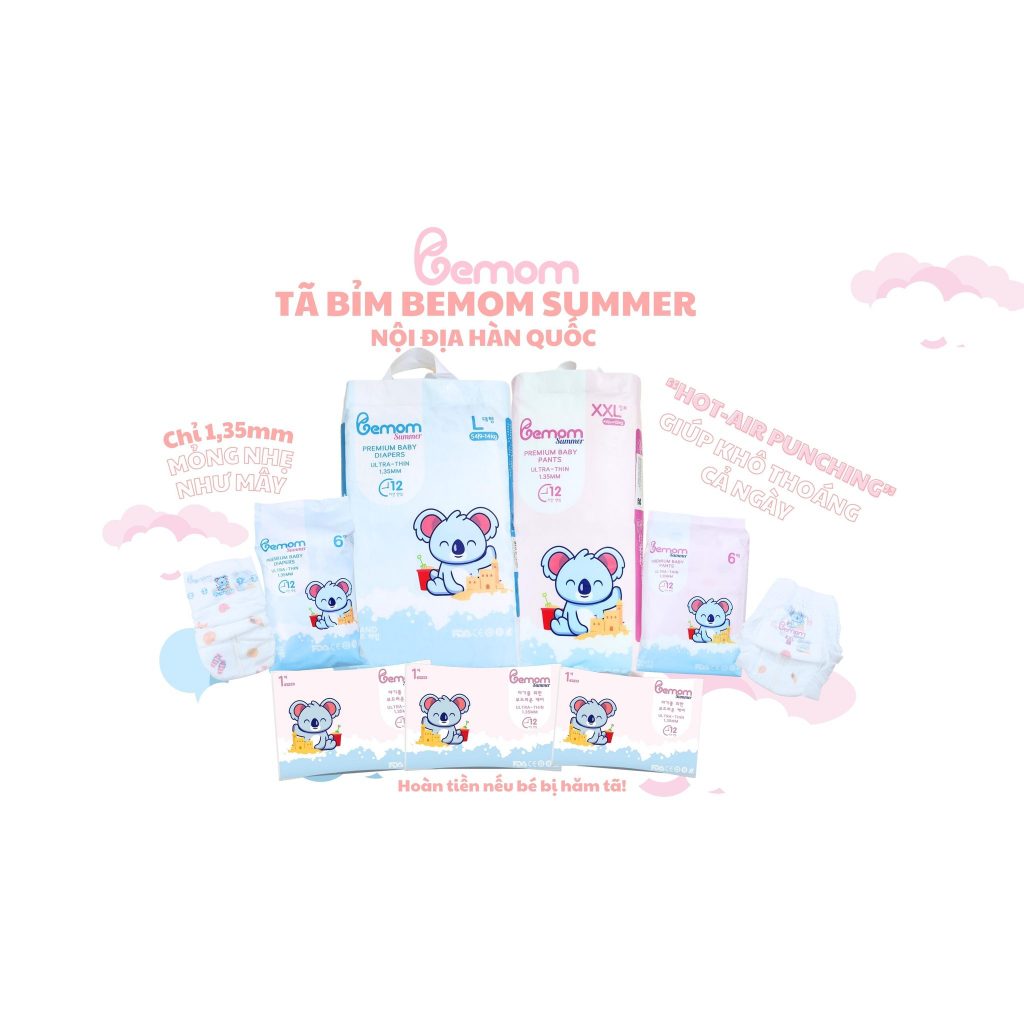 Tã/bỉm dán/quần BEMOM HÀN QUỐC siêu mỏng siêu mềm siêu thấm hút S56/M48/L46/M44/L42/XL40/2XL38/3XL36