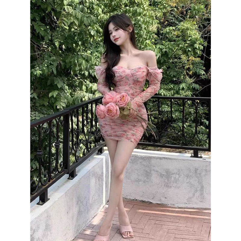 Đầm body hoa nhí tay dài trễ vai thời trang nữ Odertaobao