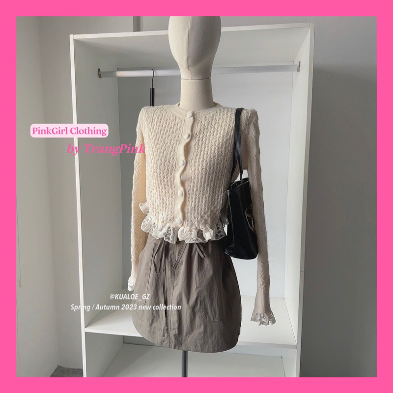 Áo len cardigan cổ tròn phối ren bèo màu trắng kem