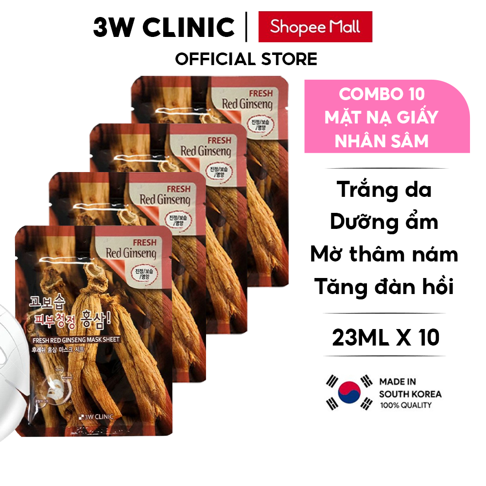 Combo 10 Túi Mặt nạ giấy nhâm sâm dưỡng trắng da dưỡng ẩm chiết xuất từ nhân sâm 3W Clinic Hàn Quốc 23mlx10