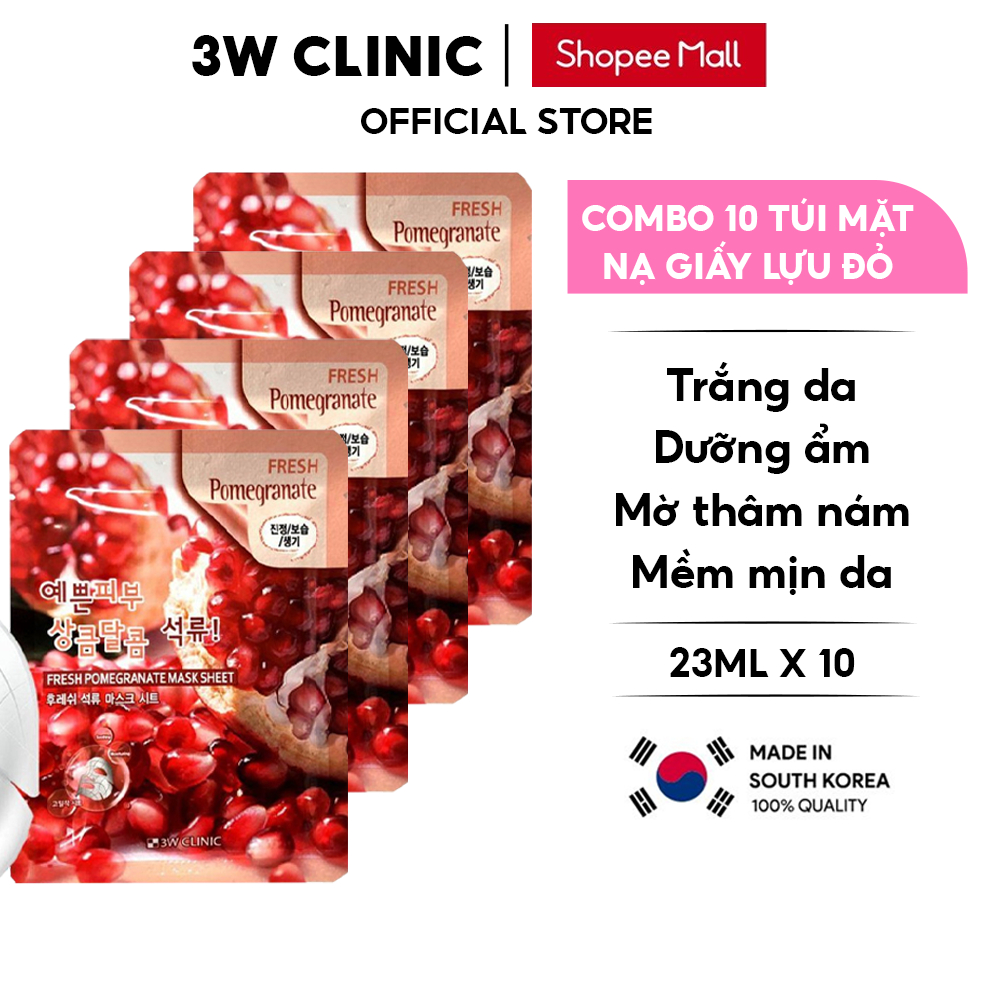 Combo 10 Túi Mặt nạ giấy Mặt nạ dưỡng da chiết xuất từ Lựu Đỏ 3W Clinic Hàn Quốc 23mlx10