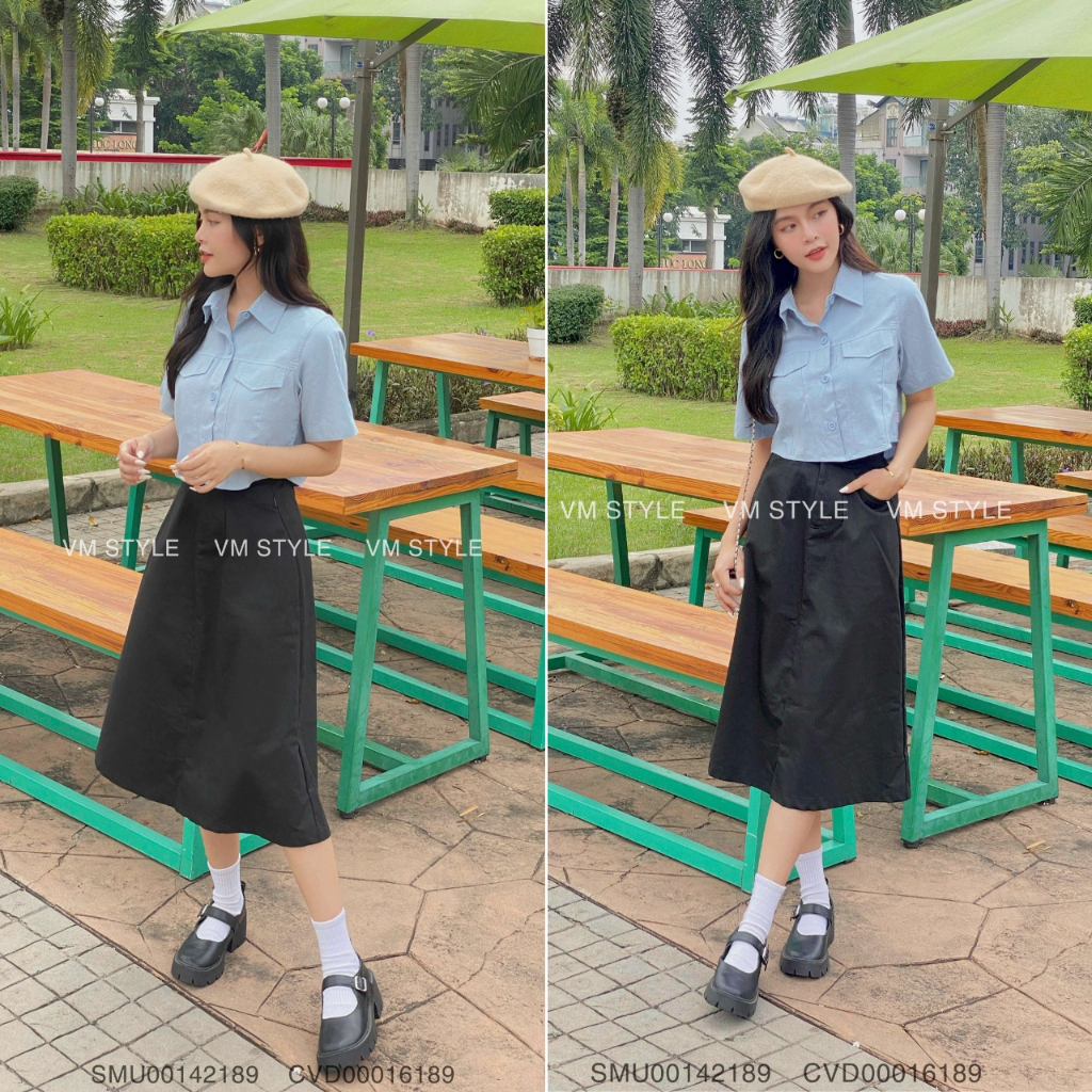 Áo sơ mi nữ VMSTYLE tay ngắn croptop 2 nắp túi trơn nhiều màu VM96 - SMU00142