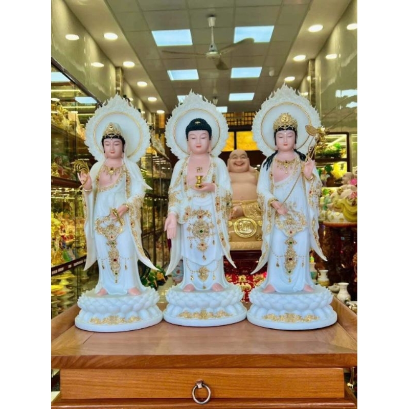 Bộ tượng Tam Thế Phật (trắng) cao 48cm ☆ đá cao cấp nhập khẩu Đài Loan 001