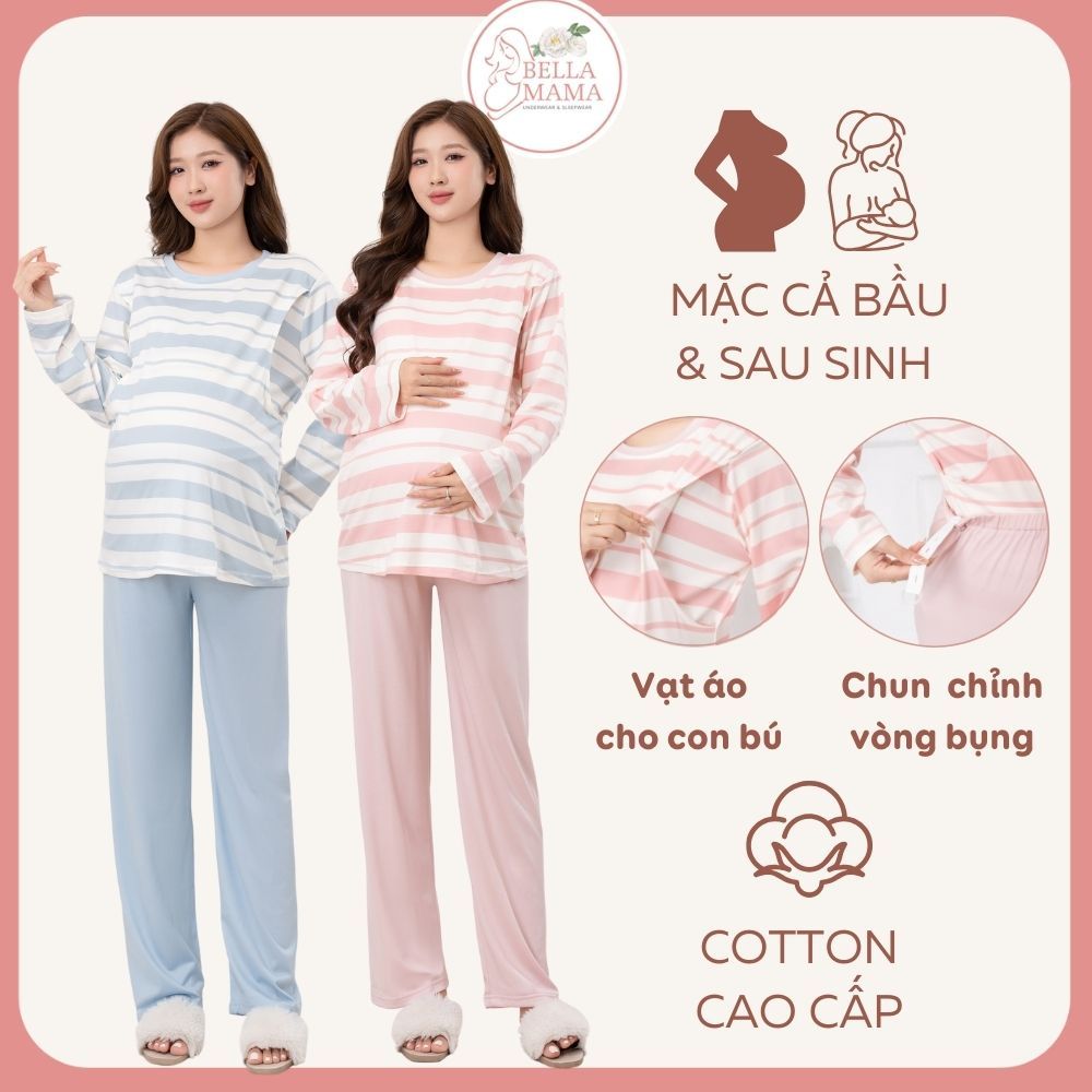 Bộ Bầu Mặc Nhà Cotton Đồ Bầu Sau Sinh Mở 2 Bên Cho Con Bú Và Quần Chun