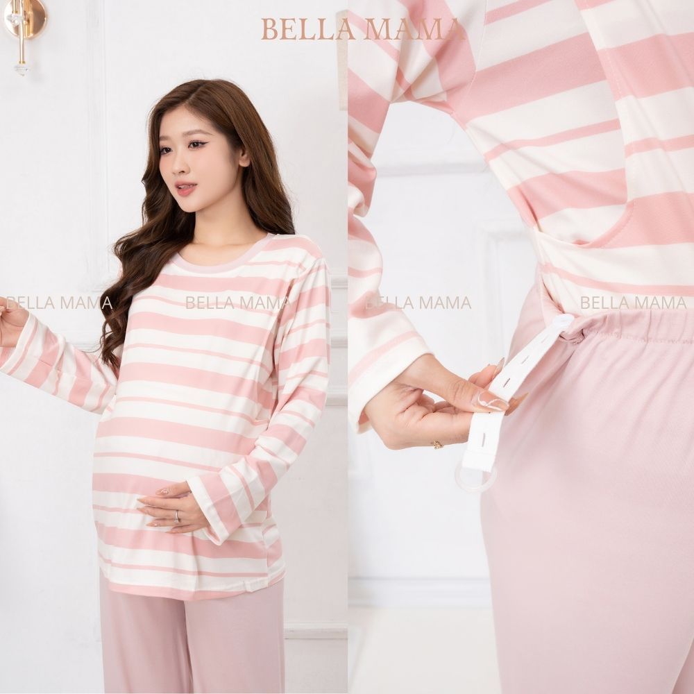 Bộ Bầu Mặc Nhà Cotton Đồ Bầu Sau Sinh Mở 2 Bên Cho Con Bú Và Quần Chun Chỉnh Bụng, Dài Tay Bella Mama - BN11