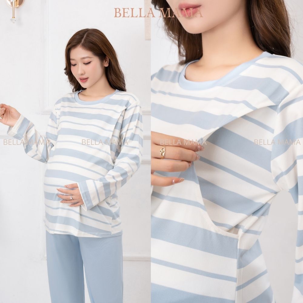 Bộ Bầu Mặc Nhà Cotton Đồ Bầu Sau Sinh Mở 2 Bên Cho Con Bú Và Quần Chun Chỉnh Bụng, Dài Tay Bella Mama - BN11