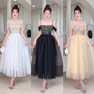 Đầm xoè dạ hội dự tiệc kết cườm đá TRIPBLE T DRESS trễ vai lưới - size S/M/L - MS295Y