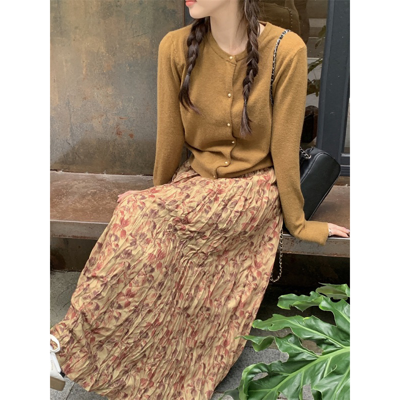 Set áo len cardigan chân váy hoa dài có lớp lót phong cách retro QCL1 video/ảnh thật shop tự chụp