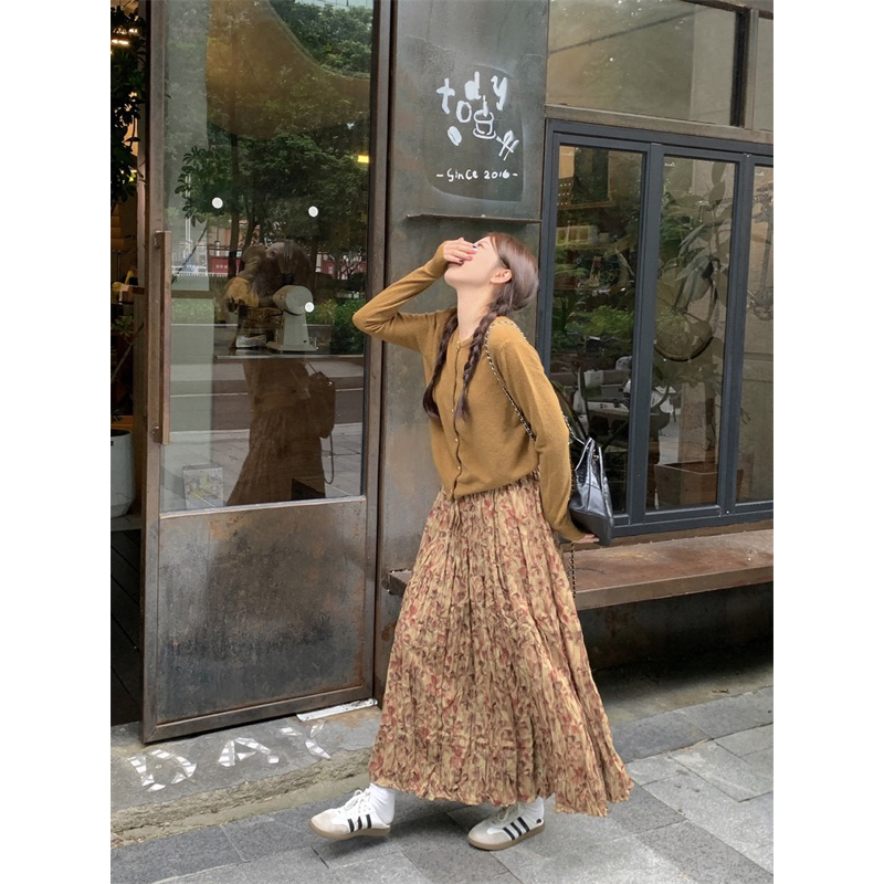 Set áo len cardigan chân váy hoa dài có lớp lót phong cách retro QCL1 video/ảnh thật shop tự chụp