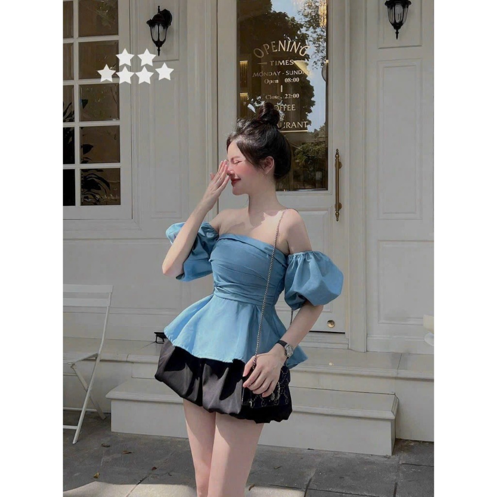 Set thời trang nữ đi chơi,set áo trễ vai tay bồng xòe tiểu thư sang chảnh mix quần bí trẻ trung phong cách hàn quốc sexy