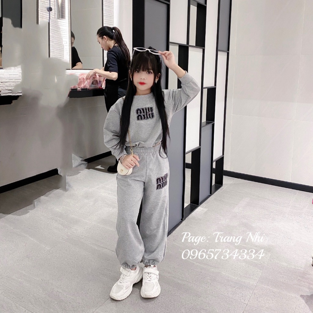 Bộ thu đông nỉ da cá cho bé gái size đại 19-45kg chữ đính đá 2 màu cá tính sang chảnh 2023