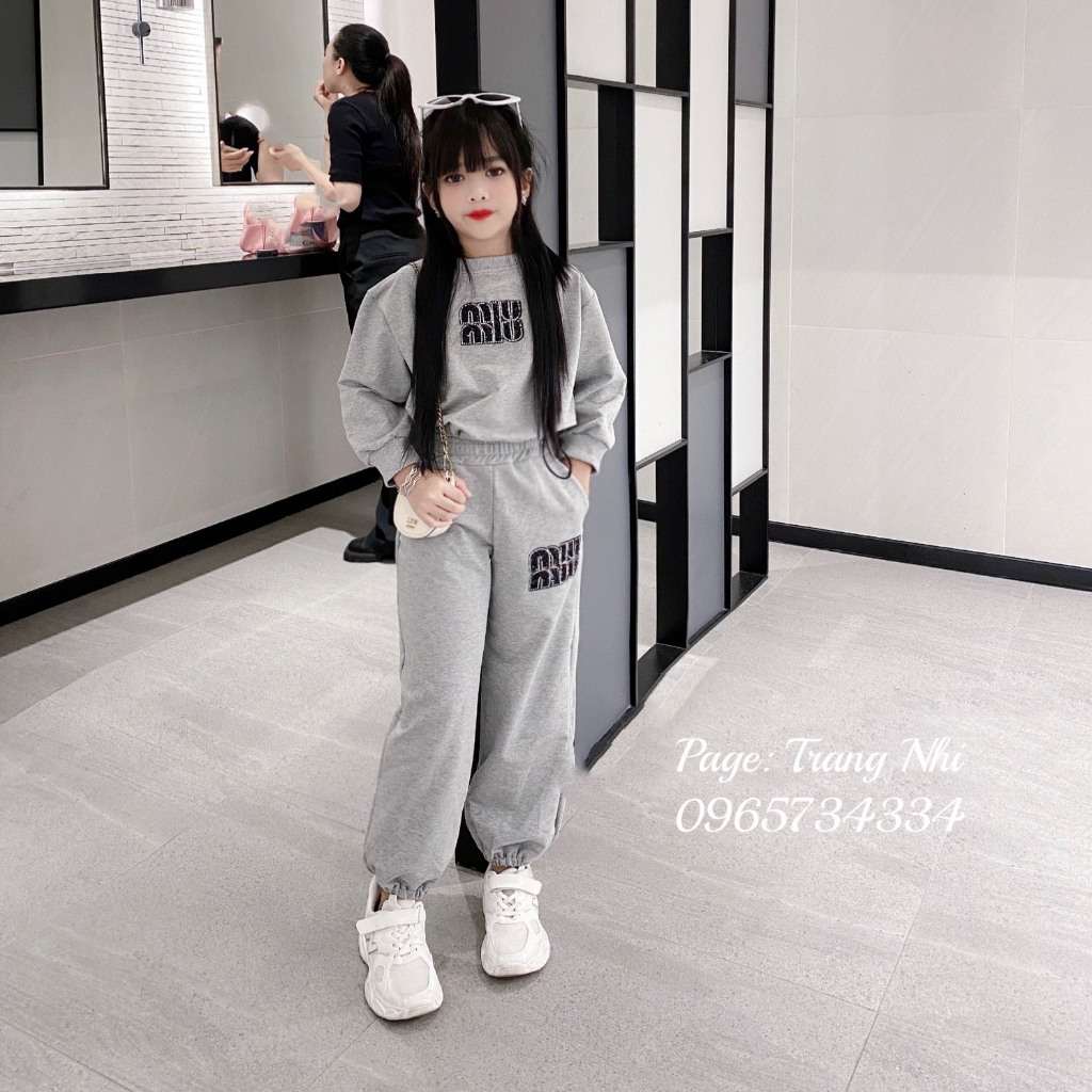 Bộ thu đông nỉ da cá cho bé gái size đại 19-45kg chữ đính đá 2 màu cá tính sang chảnh 2023