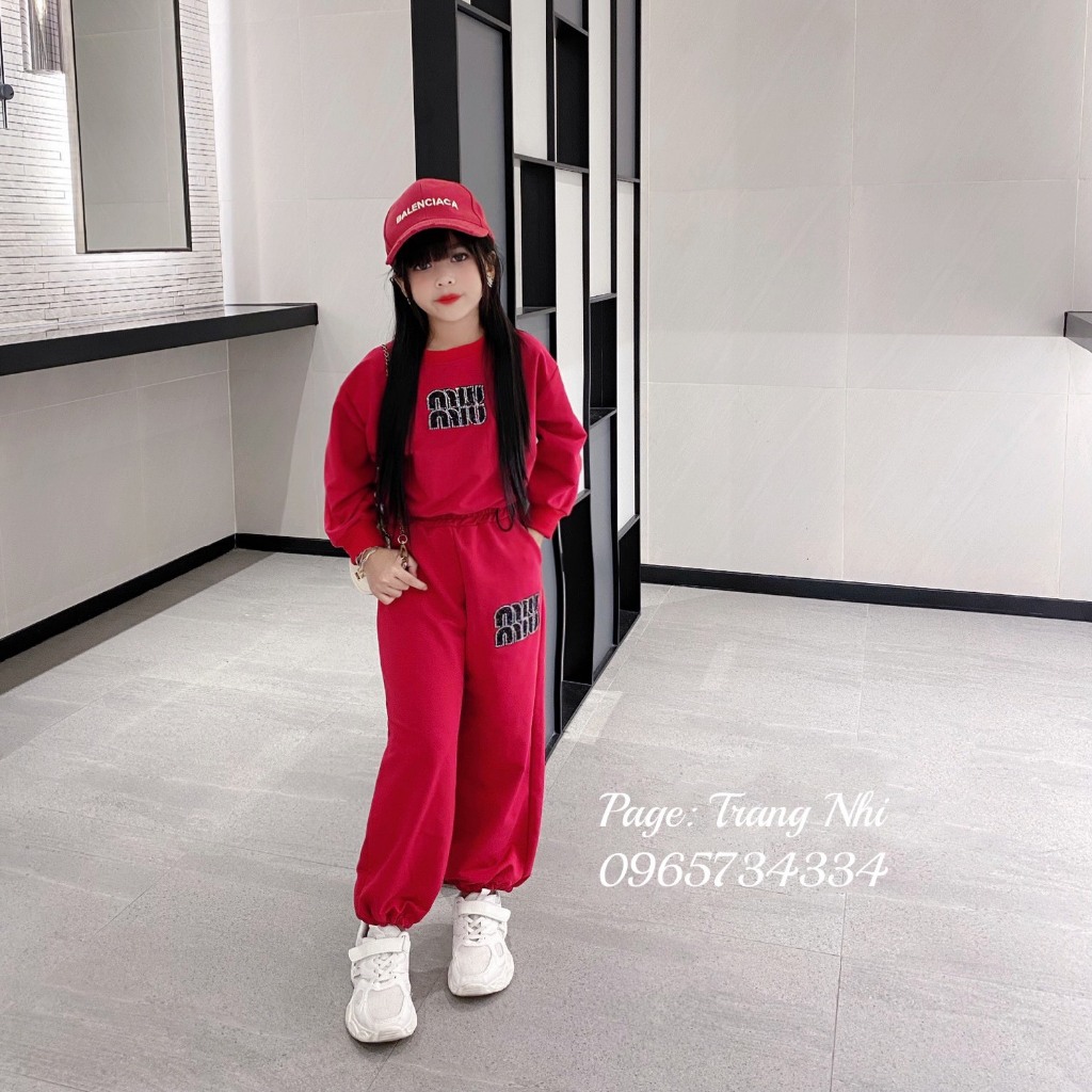 Bộ thu đông nỉ da cá cho bé gái size đại 19-45kg chữ đính đá 2 màu cá tính sang chảnh 2023