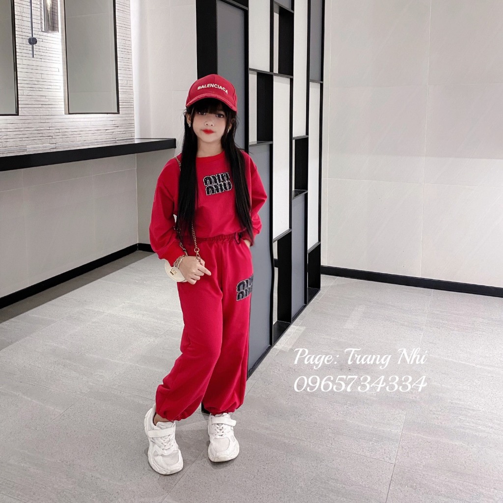 Bộ thu đông nỉ da cá cho bé gái size đại 19-45kg chữ đính đá 2 màu cá tính sang chảnh 2023