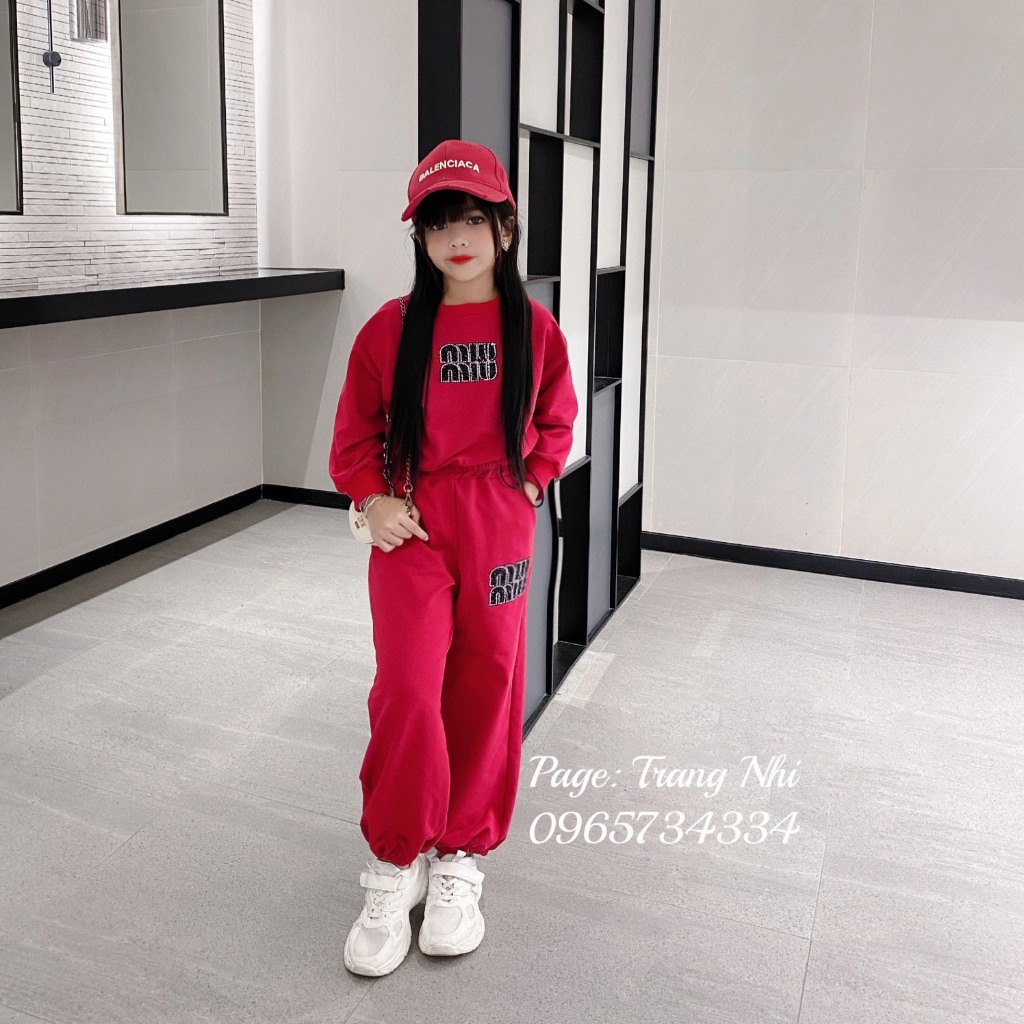 Bộ thu đông nỉ da cá cho bé gái size đại 19-45kg chữ đính đá 2 màu cá tính sang chảnh 2023