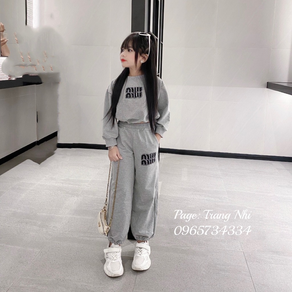 Bộ thu đông nỉ da cá cho bé gái size đại 19-45kg chữ đính đá 2 màu cá tính sang chảnh 2023