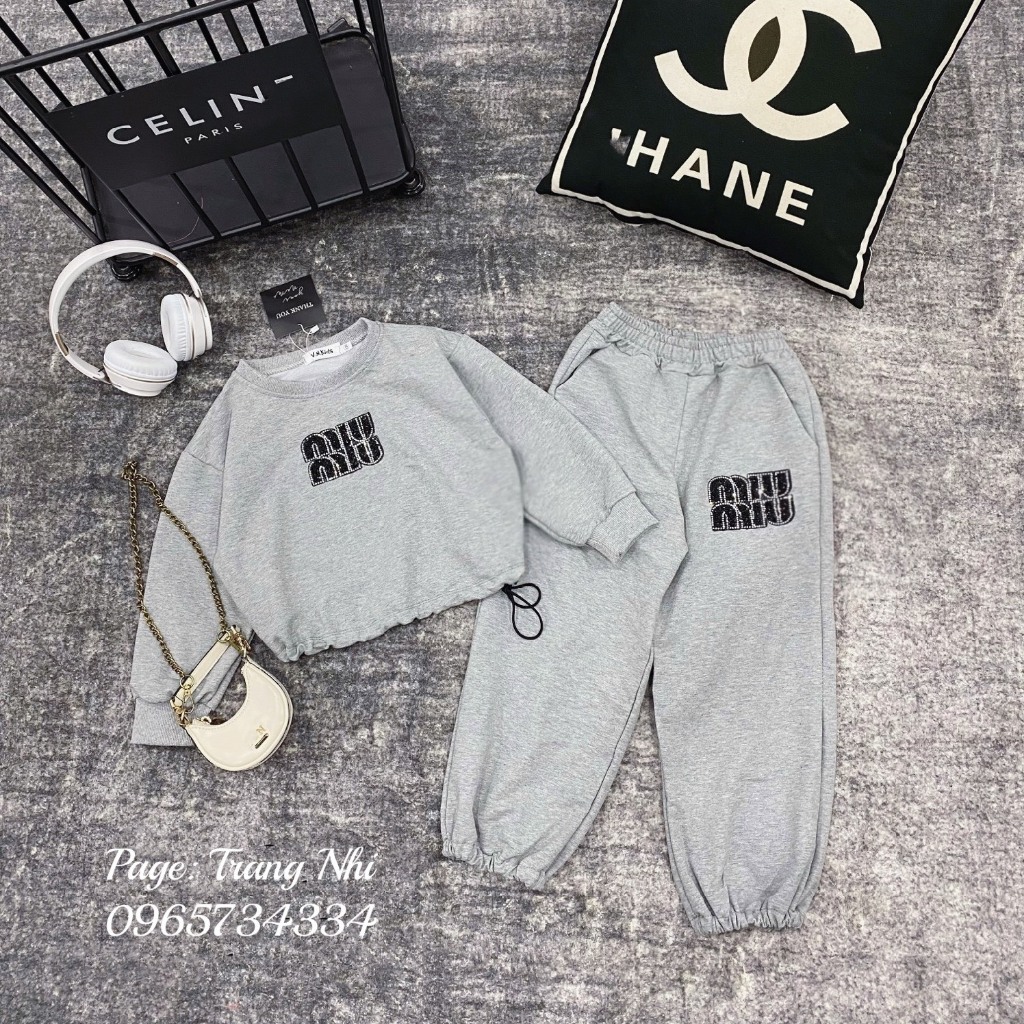 Bộ thu đông nỉ da cá cho bé gái size đại 19-45kg chữ đính đá 2 màu cá tính sang chảnh 2023