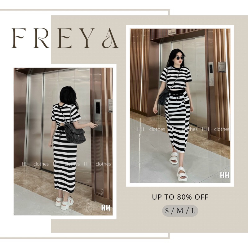 🛍Set bộ nữ 🛍Set bộ áo cổ tròn rút dây sau lưng mix chân váy kẻ sọc dáng dài cá tính dễ mặc, siêu háck chân luôn