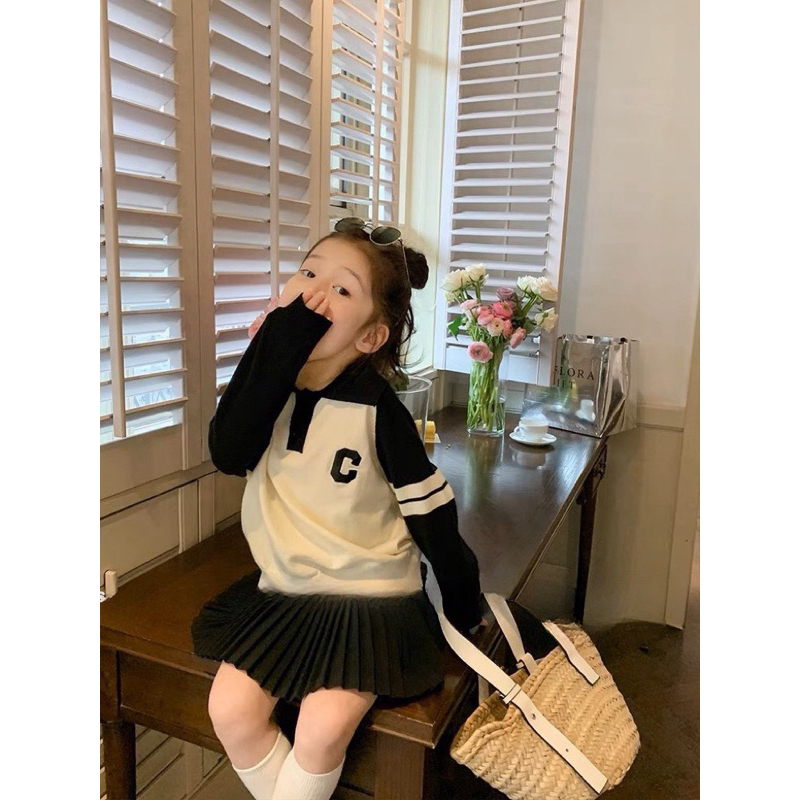 Váy bé gái, váy thu đông áo da cá chữ C phối chân váy dập ly cho bé 10-32kg
