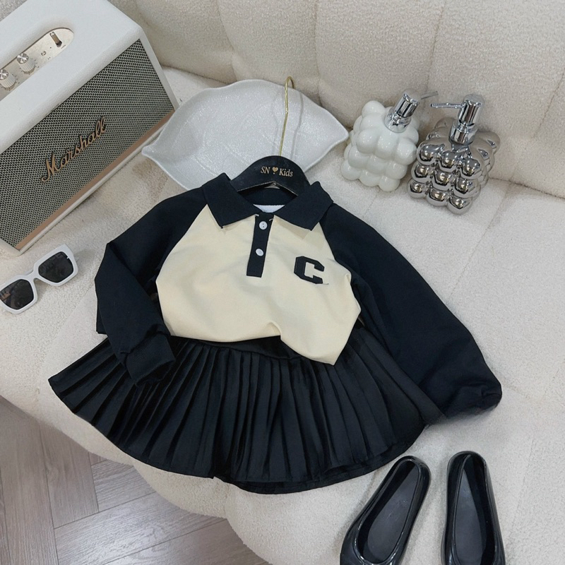 Váy bé gái, váy thu đông áo da cá chữ C phối chân váy dập ly cho bé 10-32kg