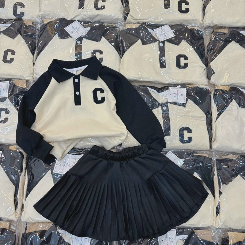 Váy bé gái, váy thu đông áo da cá chữ C phối chân váy dập ly cho bé 10-32kg