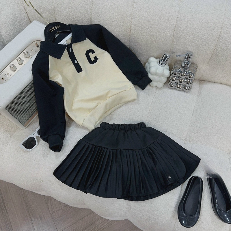 Váy bé gái, váy thu đông áo da cá chữ C phối chân váy dập ly cho bé 10-32kg