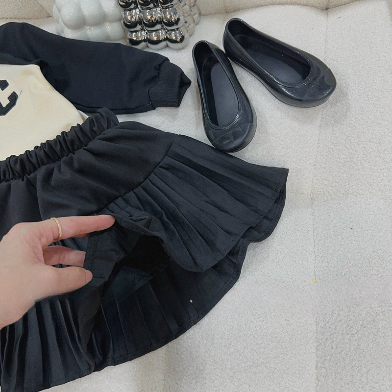 Váy bé gái, váy thu đông áo da cá chữ C phối chân váy dập ly cho bé 10-32kg