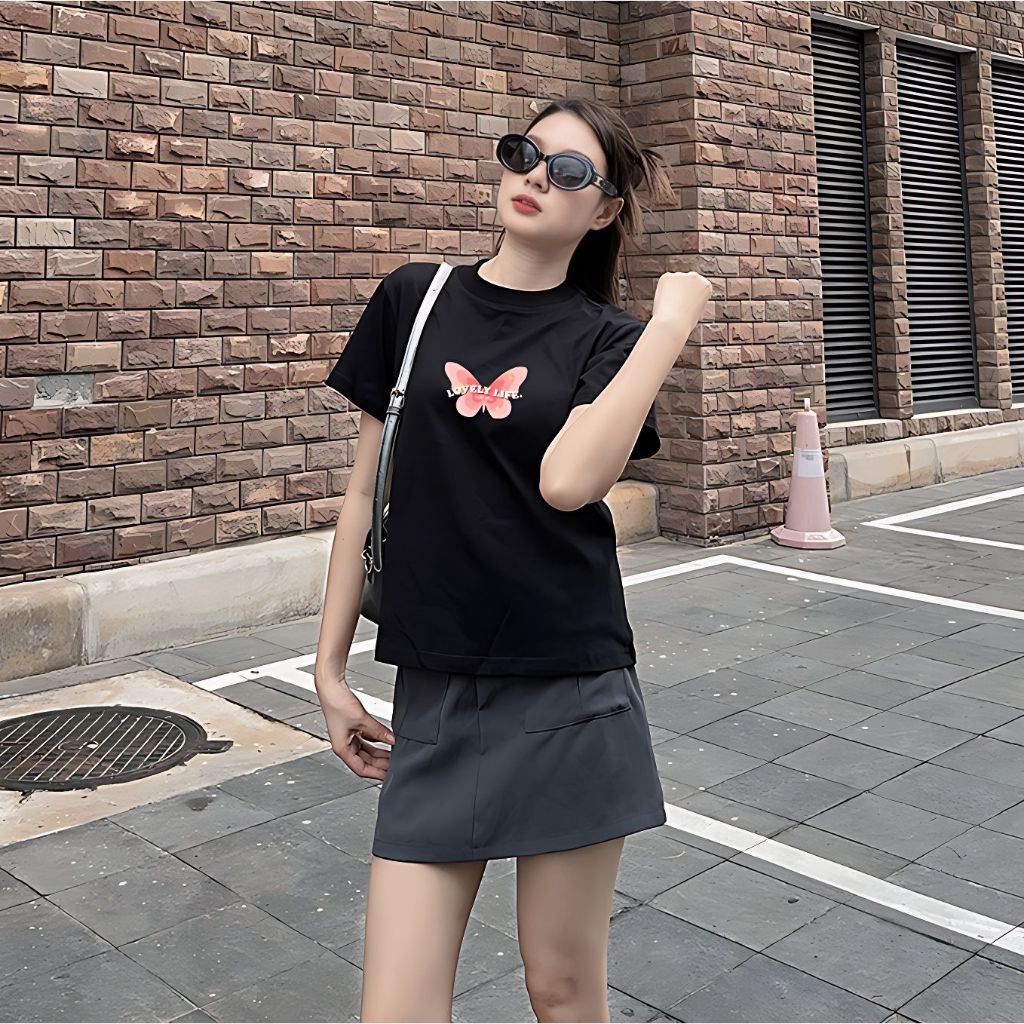 Áo Thun Form Fit Mẫu Bướm Lovely Life. Áo Baby Tee Chất Cotton Co Giãn, Mền Mịn