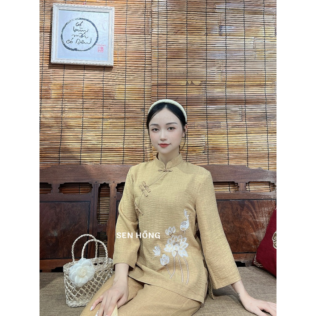 Mẫu Đồ lam đi chùa - Pháp phục nữ kiểu cổ tàu thêu hoa sen vải đũi vân mây G05