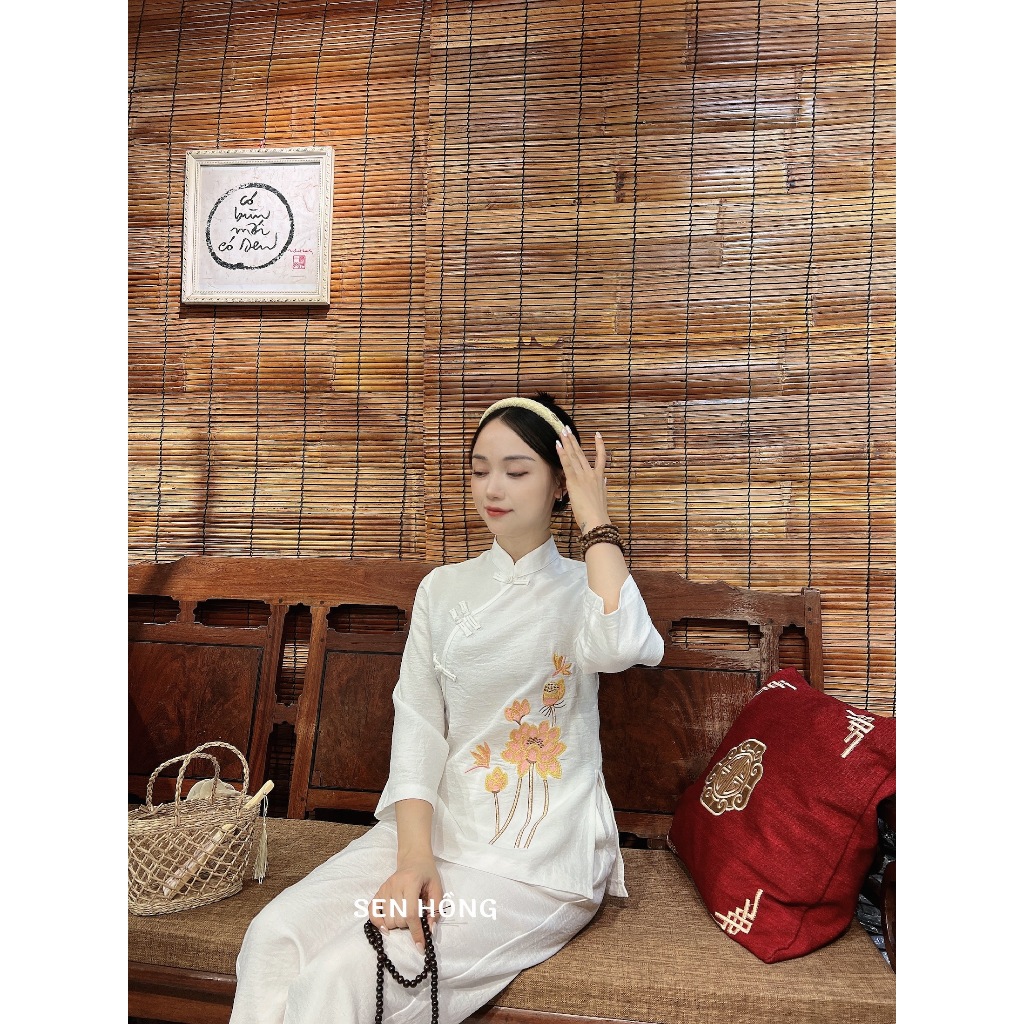 Mẫu Đồ lam đi chùa - Pháp phục nữ kiểu cổ tàu thêu hoa sen vải đũi vân mây G05