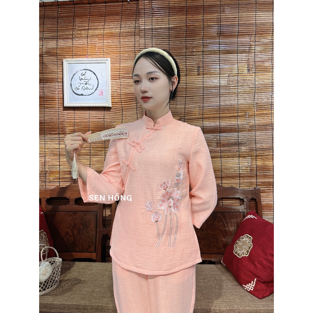 Mẫu Đồ lam đi chùa - Pháp phục nữ kiểu cổ tàu thêu hoa sen vải đũi vân mây G05