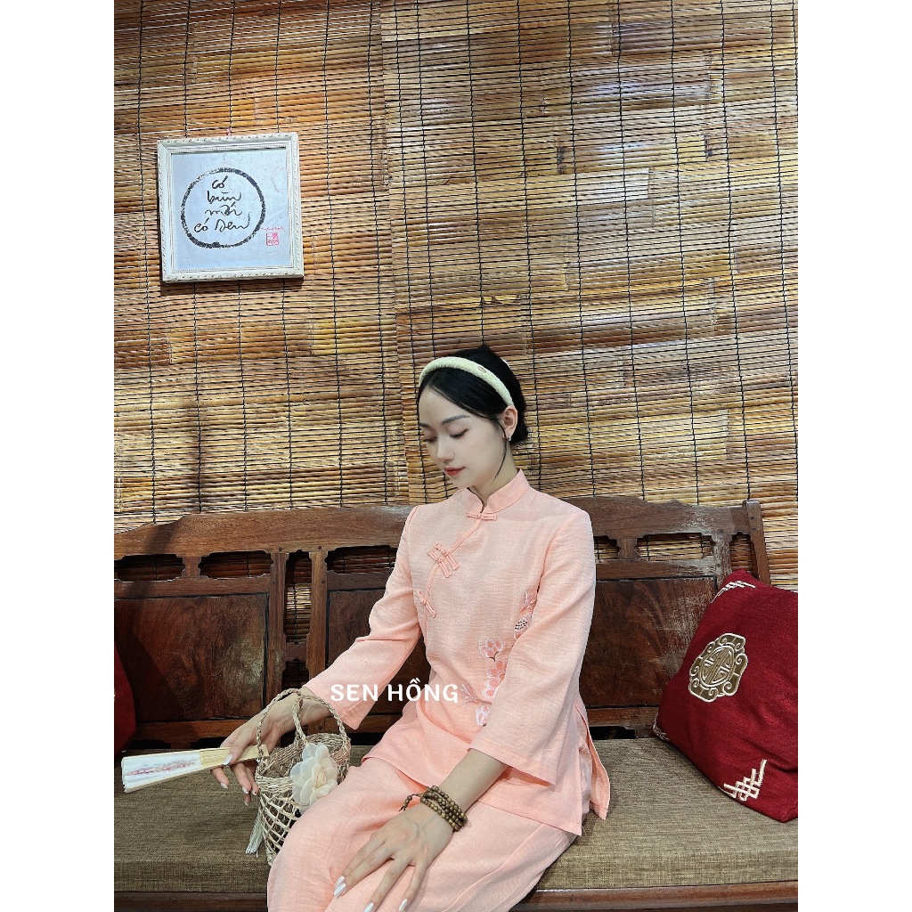 Mẫu Đồ lam đi chùa - Pháp phục nữ kiểu cổ tàu thêu hoa sen vải đũi vân mây G05