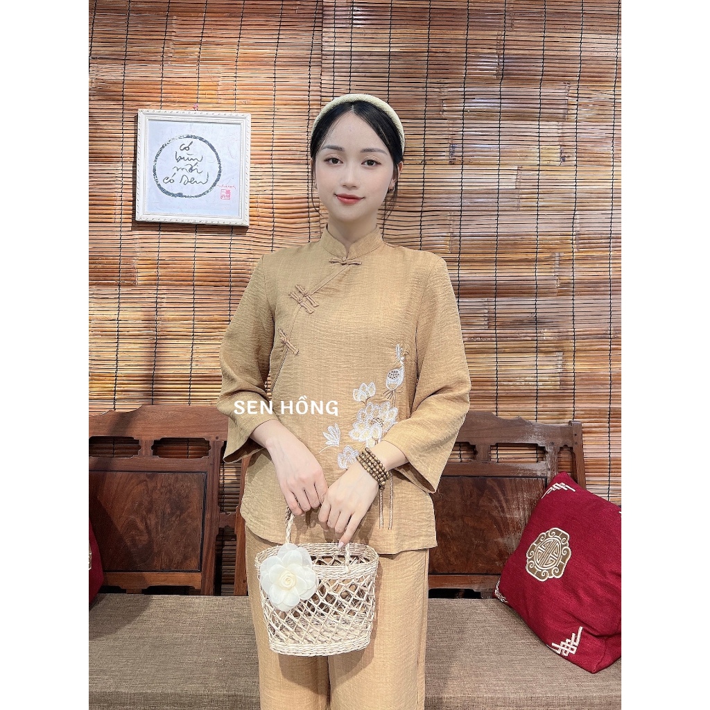 Mẫu Đồ lam đi chùa - Pháp phục nữ kiểu cổ tàu thêu hoa sen vải đũi vân mây G05