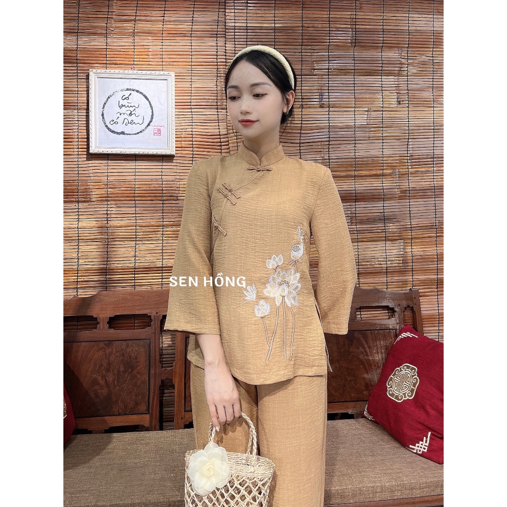 Mẫu Đồ lam đi chùa - Pháp phục nữ kiểu cổ tàu thêu hoa sen vải đũi vân mây G05