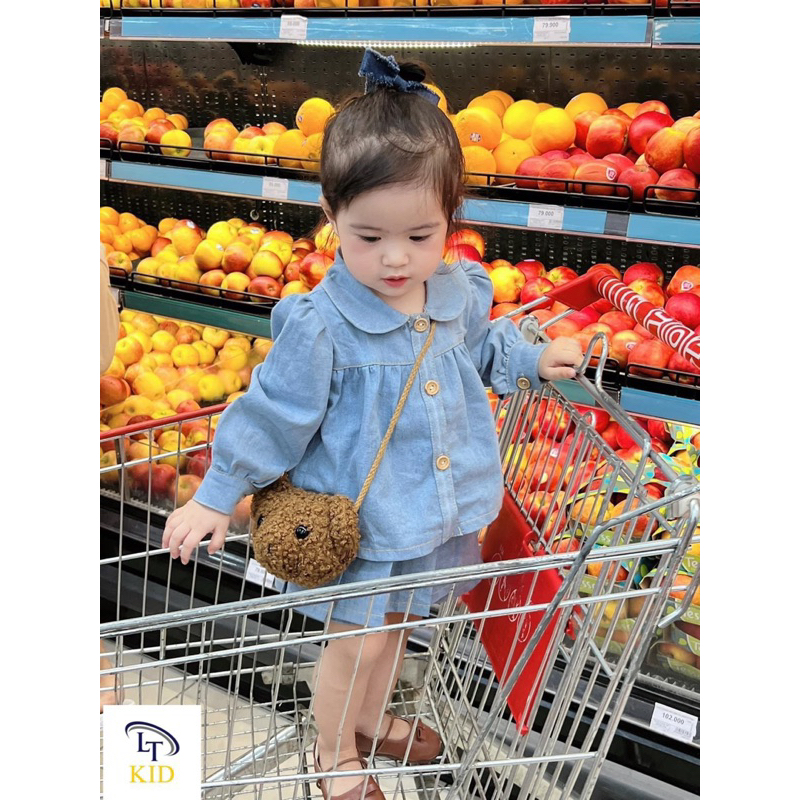 Set váy bò cổ sen màu nhạt bé gái