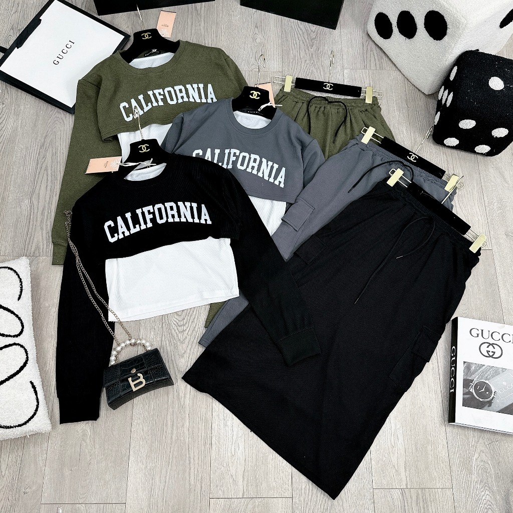 Set Bộ Đồ Nữ 3 Món CALIFORNIA  Áo Dài Tay Croptop Kèm Áo Ba Lỗ Trắng Mix Chân Váy Dáng Dài Túi Hộp Freesize