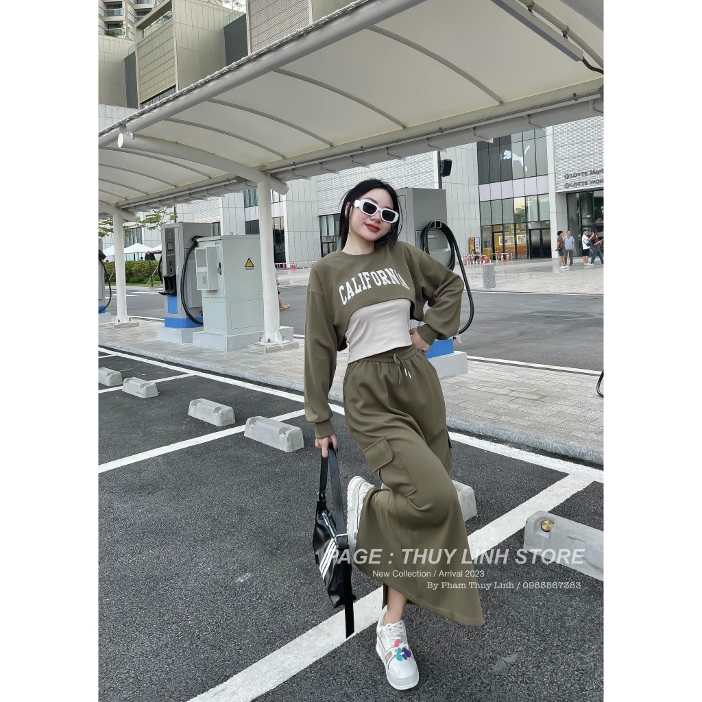Set Bộ Đồ Nữ 3 Món CALIFORNIA  Áo Dài Tay Croptop Kèm Áo Ba Lỗ Trắng Mix Chân Váy Dáng Dài Túi Hộp Freesize