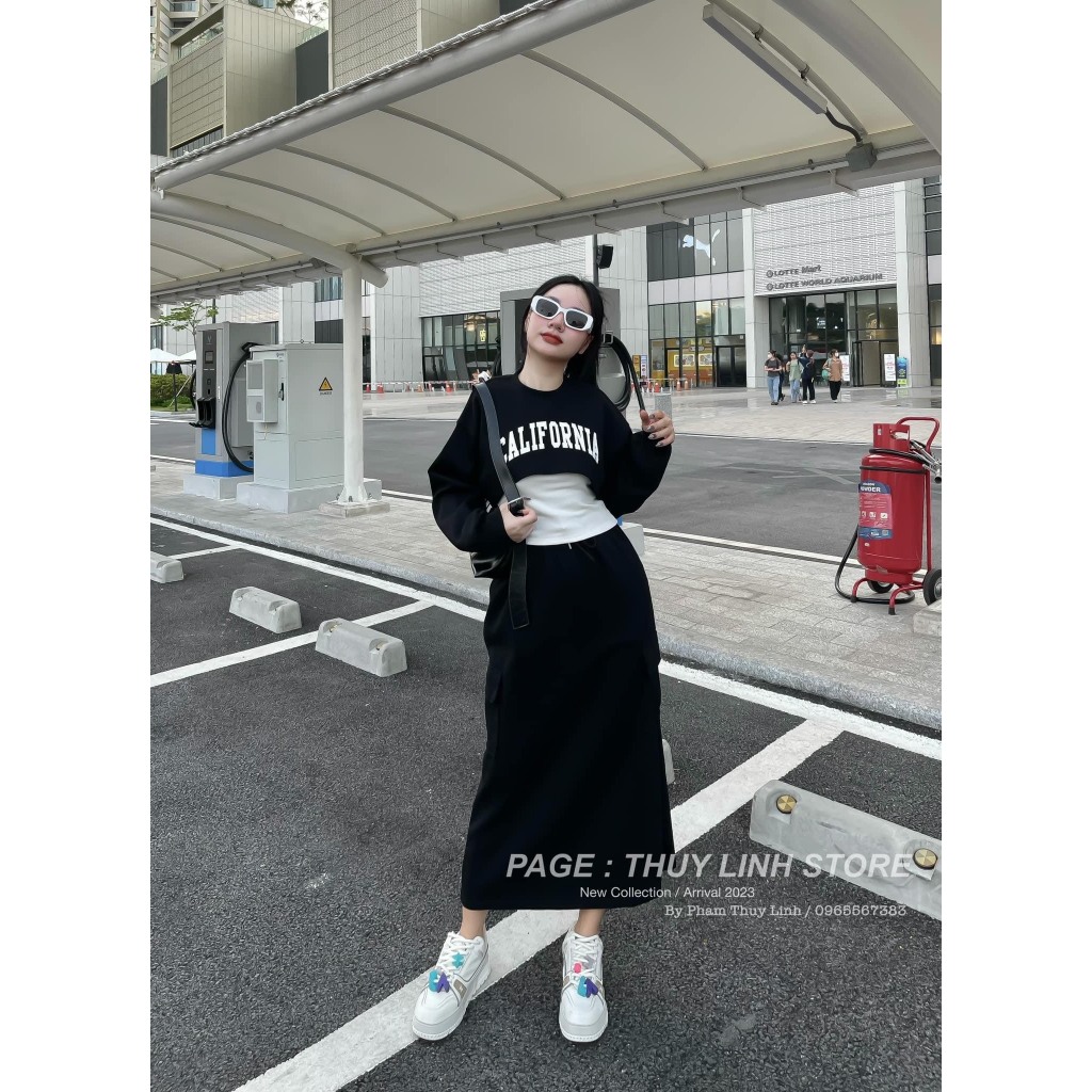 Set Bộ Đồ Nữ 3 Món CALIFORNIA  Áo Dài Tay Croptop Kèm Áo Ba Lỗ Trắng Mix Chân Váy Dáng Dài Túi Hộp Freesize