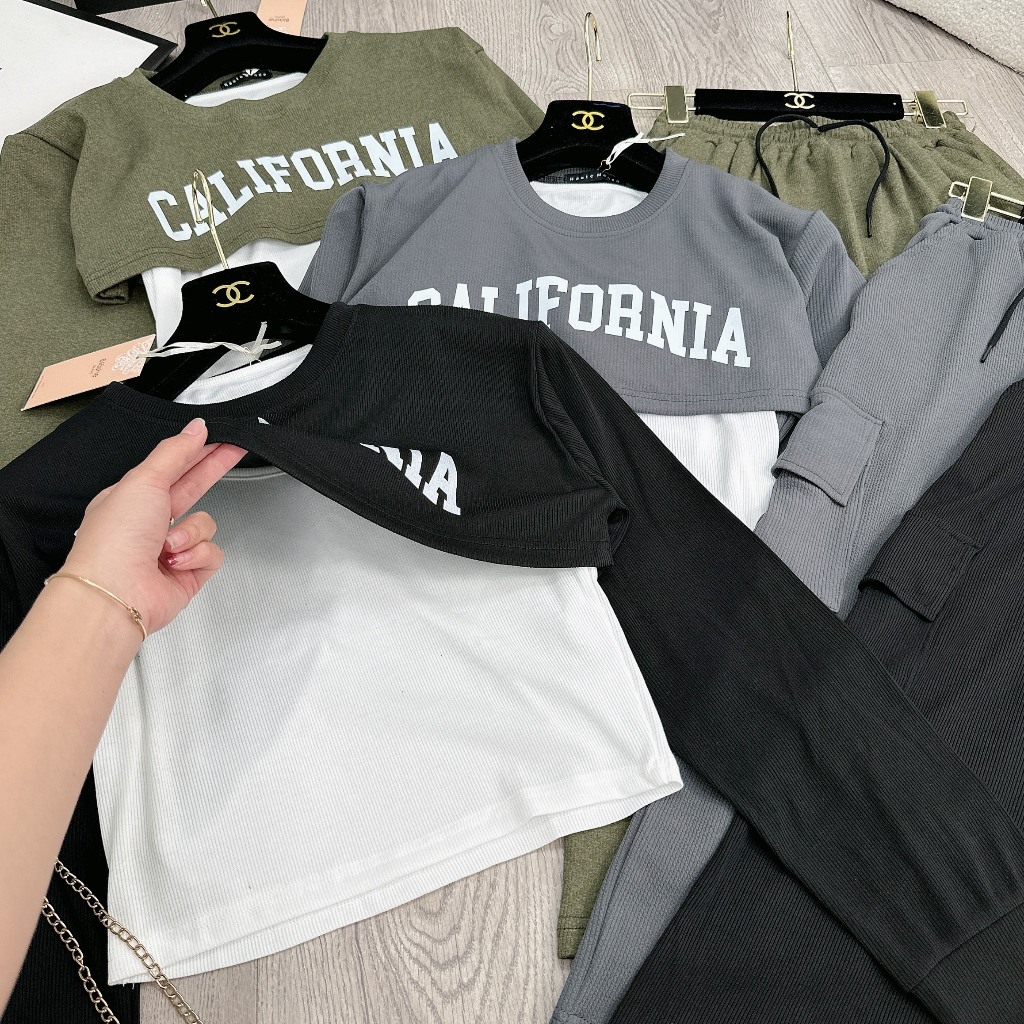 Set Bộ Đồ Nữ 3 Món CALIFORNIA  Áo Dài Tay Croptop Kèm Áo Ba Lỗ Trắng Mix Chân Váy Dáng Dài Túi Hộp Freesize