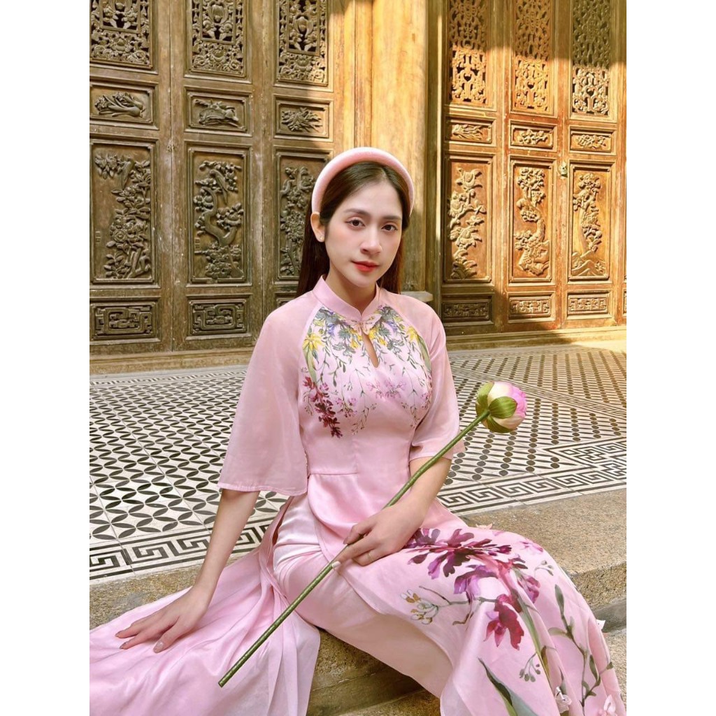 Áo dài cách tân vải tơ hàn ánh kim cao cấp 4 tà