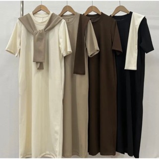 Váy polo form suông dáng dài cộc tay kèm khăn Ulzzang