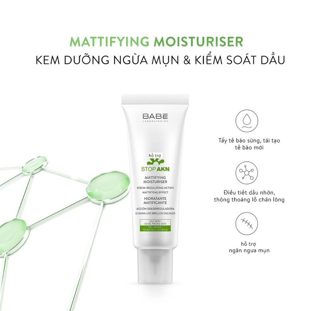 Kem Dưỡng Kiềm Dâu, Giảm Mụn BABE Stop AKN Mattifying Moisturiser 50ml