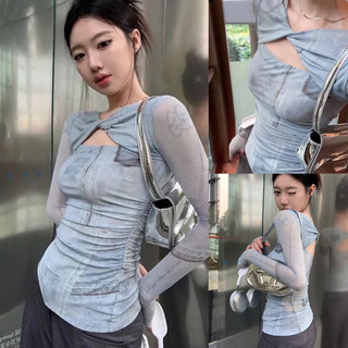 AYC1 Áo trễ vai soắn ngực lưới thun loang áo soắn ngực tay dài xỏ ngón Áo kiểu Bigsize Kim Ngân