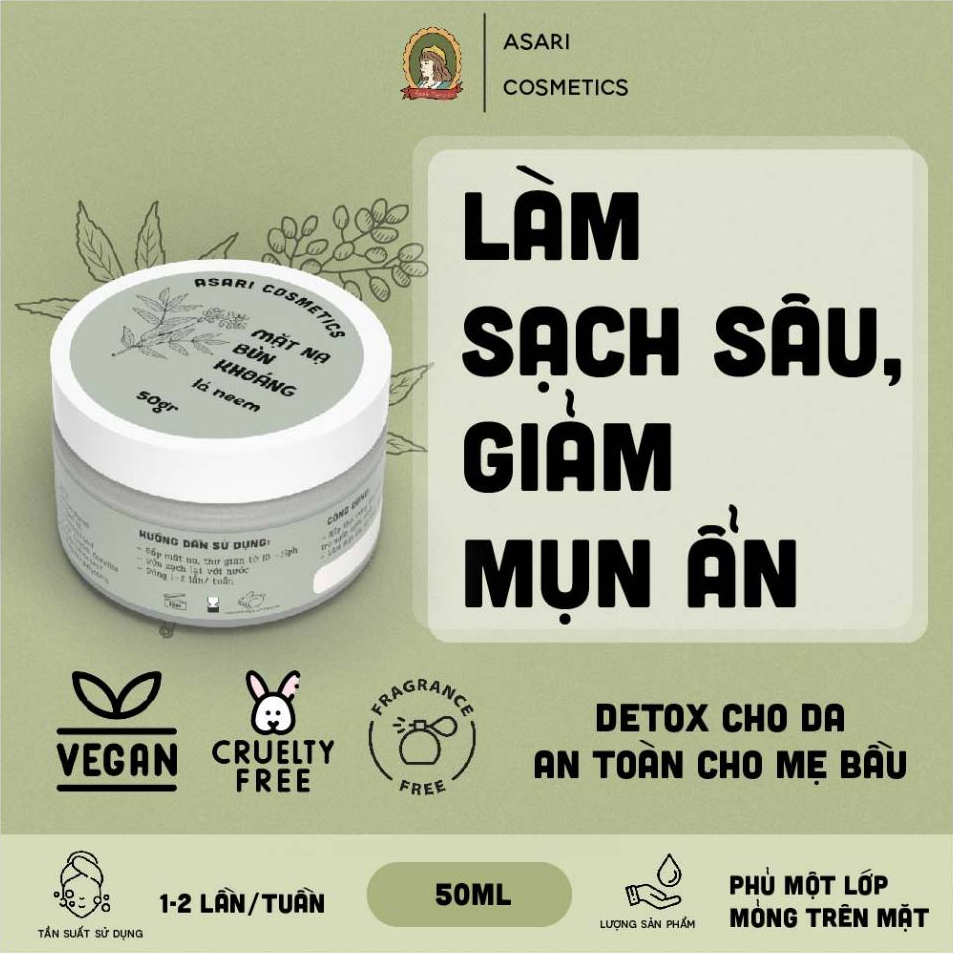 Mặt nạ làm sạch sâu, detox bùn khoáng lá neem handmade Asari Cosmetics 50ml