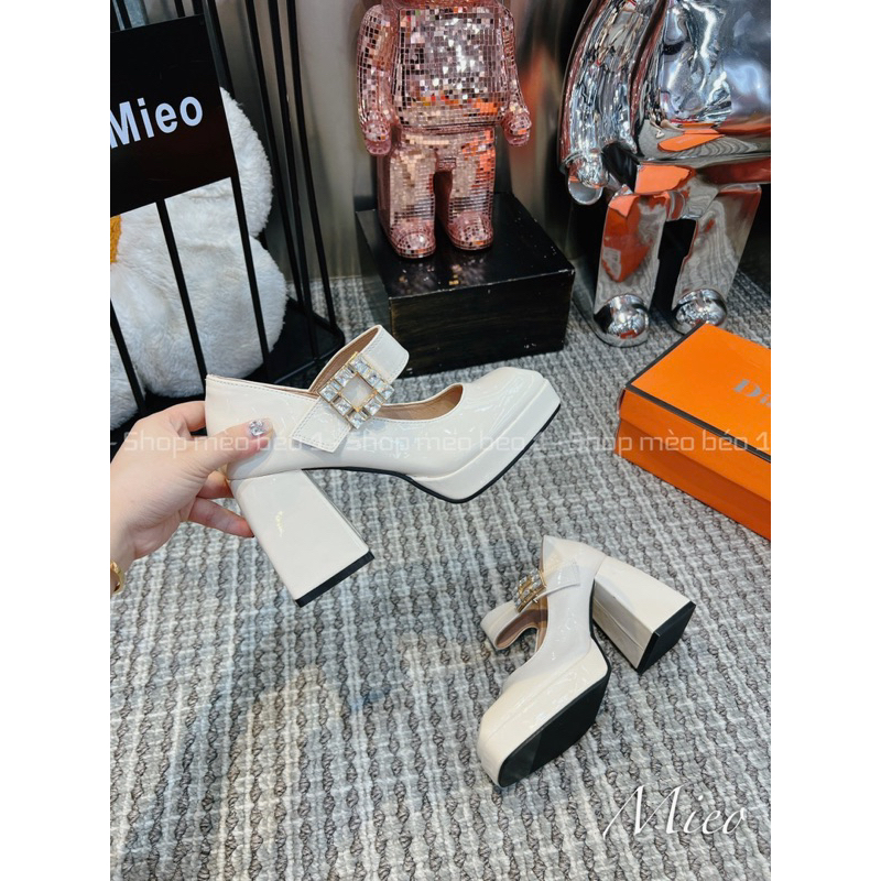 Giày cao gót mũi vuông quai ngang khoá đá đế đúp gót trụ fullbox hàng quảng châu cao cấp